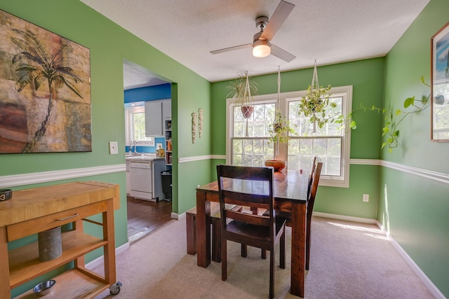655 Providence Ave Unit 9-655J, Columbus, OH 43214 - dining area featuring a ceiling fan, carpet floors, a textured ceiling, and baseboards