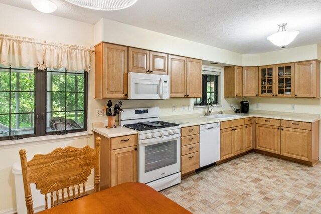 2049 Brandy Mill Ln, Dayton, OH 45459 - kitchen featuring white appliances, a sink, light countertops, glass insert cabinets, and a textured ceiling