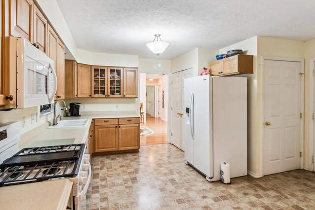 2049 Brandy Mill Ln, Dayton, OH 45459 - kitchen with white appliances, a sink, light countertops, glass insert cabinets, and brick patterned flooring