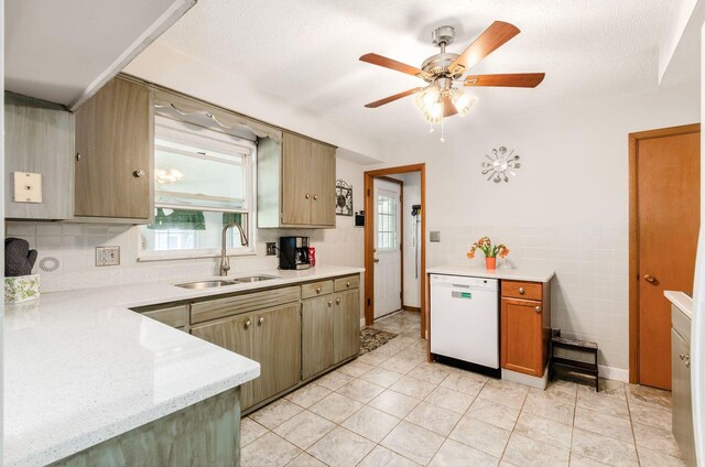 52 Amsterdam Ave, Columbus, OH 43207 - kitchen with white dishwasher, a sink, a ceiling fan, light tile patterned floors, and tile walls