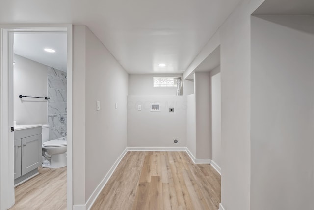 341 Woodland Ave, Columbus, OH 43203 - washroom with hookup for a washing machine, hookup for an electric dryer, light wood finished floors, baseboards, and recessed lighting
