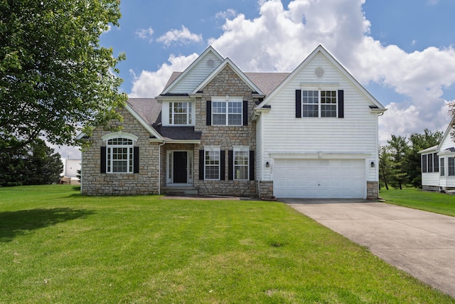 3899 Hampshire Ave, Powell, OH 43065 - view of front of house with stone siding, an attached garage, concrete driveway, and a front lawn