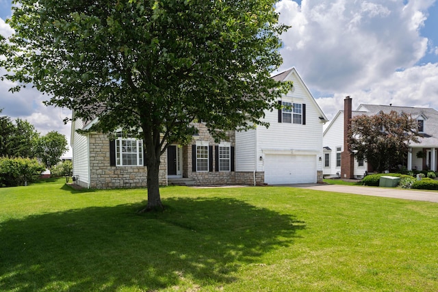 3899 Hampshire Ave, Powell, OH 43065 - view of property hidden behind natural elements with stone siding, a garage, driveway, and a front lawn