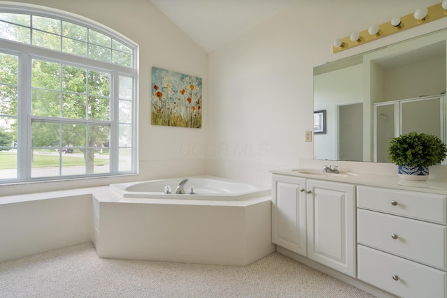 3899 Hampshire Ave, Powell, OH 43065 - full bath with vaulted ceiling, vanity, a garden tub, and a shower stall