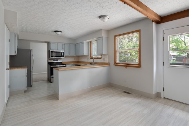 3456 Merrydawn Dr, Columbus, OH 43221 - kitchen with stainless steel appliances, plenty of natural light, a peninsula, gray cabinetry, and a textured ceiling
