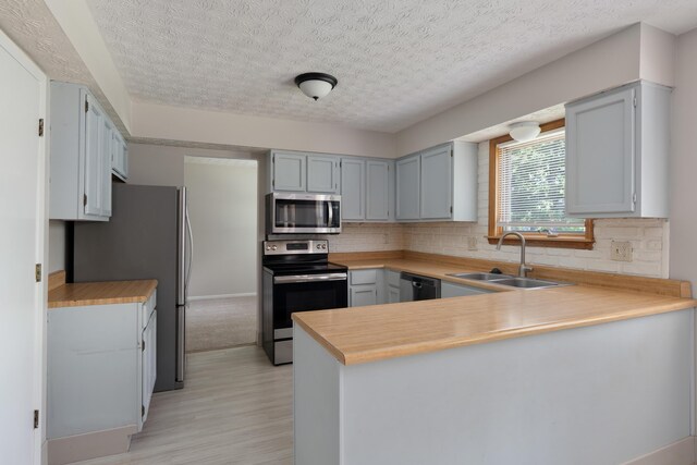 3456 Merrydawn Dr, Columbus, OH 43221 - kitchen featuring appliances with stainless steel finishes, a sink, a peninsula, decorative backsplash, and light wood-style floors