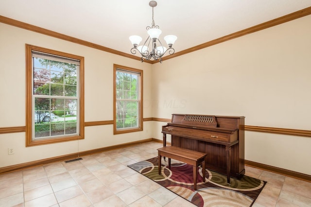 3308 Vinton Park Pl, Hilliard, OH 43026 - sitting room with a chandelier, baseboards, crown molding, and light tile patterned floors