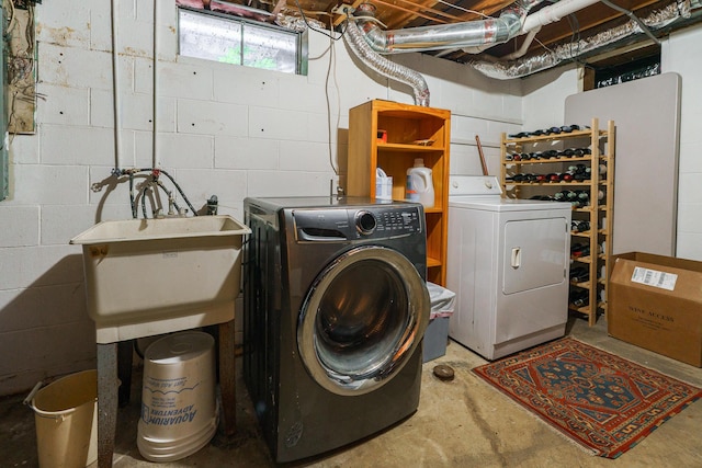 1332 Castleton Rd N, Columbus, OH 43220 - laundry room with washer and clothes dryer and concrete block wall