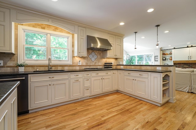 1332 Castleton Rd N, Columbus, OH 43220 - kitchen featuring wall chimney exhaust hood, a sink, open shelves, dishwashing machine, and light wood-type flooring