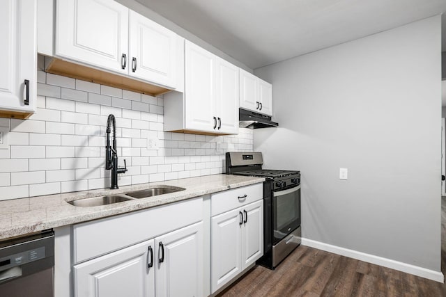 2280 Velma Ave, Columbus, OH 43211 - kitchen featuring stainless steel gas stove, a sink, dishwasher, baseboards, and white cabinets