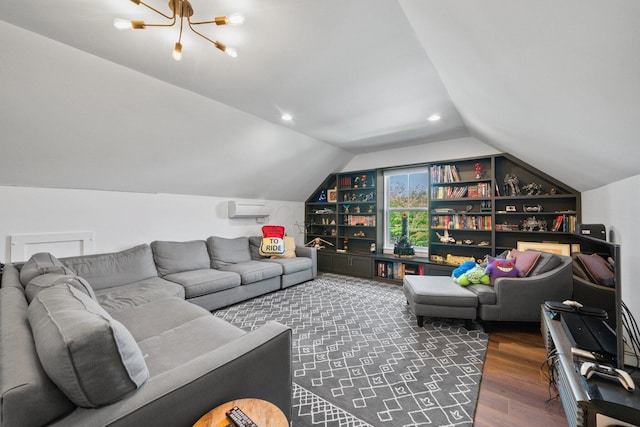 5781 Glendavon Loop, Dublin, OH 43016 - living room featuring a chandelier, wood finished floors, vaulted ceiling, a wall mounted air conditioner, and recessed lighting