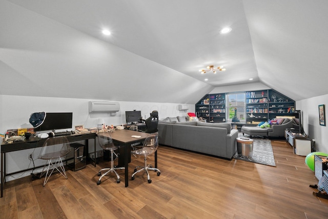 5781 Glendavon Loop, Dublin, OH 43016 - office space with wood finished floors, lofted ceiling, a wall mounted air conditioner, and recessed lighting