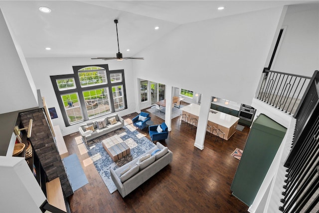 5781 Glendavon Loop, Dublin, OH 43016 - living room with wood finished floors, high vaulted ceiling, recessed lighting, and a ceiling fan