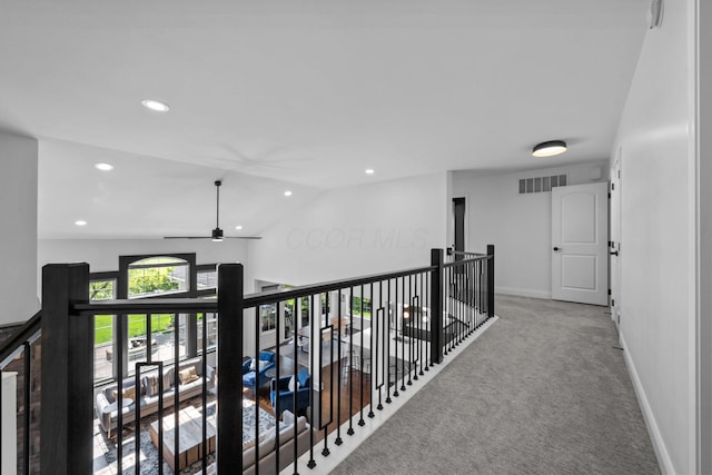 5781 Glendavon Loop, Dublin, OH 43016 - hall with recessed lighting, carpet flooring, baseboards, an upstairs landing, and vaulted ceiling