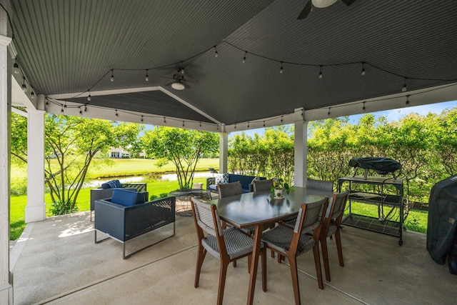 5781 Glendavon Loop, Dublin, OH 43016 - view of patio featuring a ceiling fan, a water view, an outdoor hangout area, and outdoor dining space