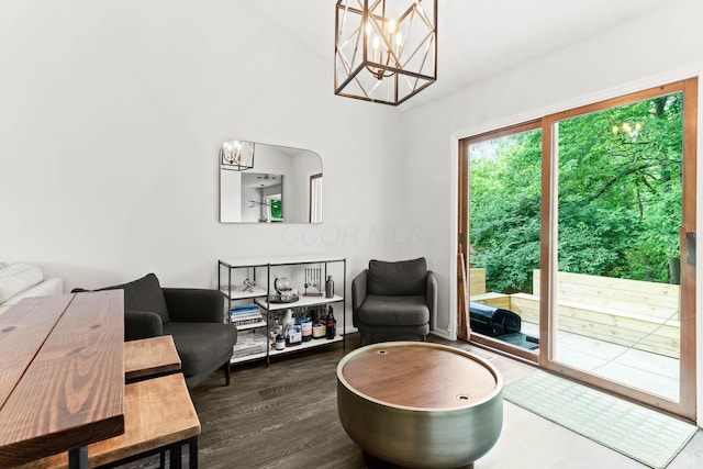 4465 Big Walnutview Dr, Columbus, OH 43230 - living area featuring a chandelier, dark wood-style floors, and lofted ceiling