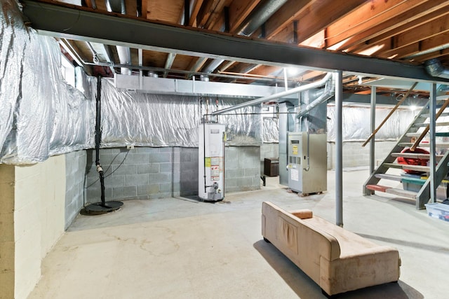 4465 Big Walnutview Dr, Columbus, OH 43230 - unfinished basement with water heater, heating unit, and stairs