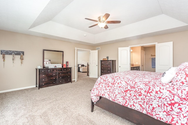 1705 Bent Creek Dr, Lancaster, OH 43130 - bedroom with carpet flooring, a tray ceiling, baseboards, and a ceiling fan