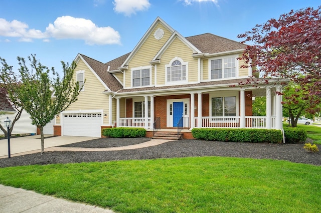 273 Blue Jacket Cir, Pickerington, OH 43147 - view of front of house with a porch, concrete driveway, a front lawn, roof with shingles, and an attached garage