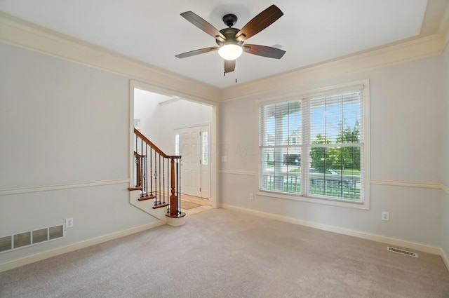 273 Blue Jacket Cir, Pickerington, OH 43147 - unfurnished room featuring a ceiling fan, stairs, carpet, and baseboards