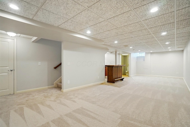 273 Blue Jacket Cir, Pickerington, OH 43147 - finished basement featuring recessed lighting, light carpet, baseboards, stairs, and bar area