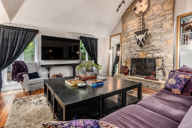 8547 Pitlochry Ct, Dublin, OH 43017 - living room featuring plenty of natural light, hardwood / wood-style floors, lofted ceiling, and a fireplace
