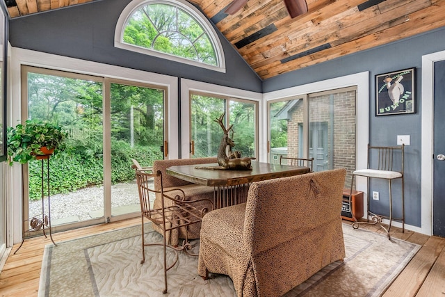 8547 Pitlochry Ct, Dublin, OH 43017 - dining space featuring wood ceiling, light wood-style flooring, high vaulted ceiling, and a ceiling fan