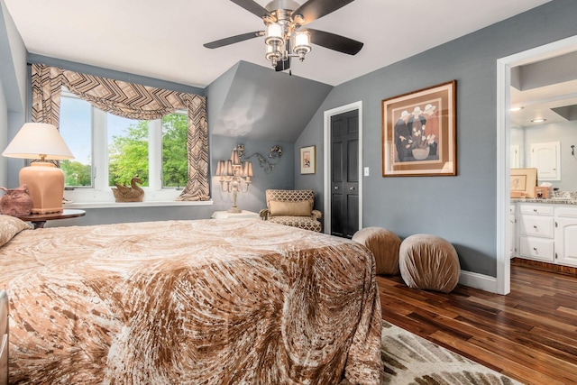 8547 Pitlochry Ct, Dublin, OH 43017 - bedroom featuring dark wood-style floors, ceiling fan, baseboards, and ensuite bath