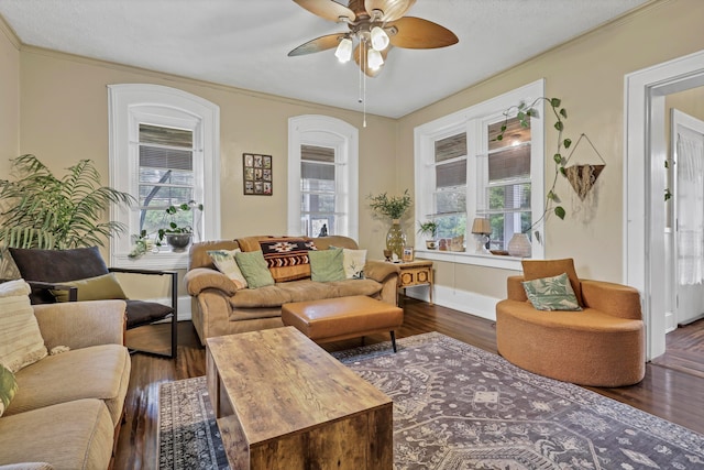 1904 Cedar Hill Rd, Lancaster, OH 43130 - living area featuring wood finished floors, ceiling fan, baseboards, and crown molding