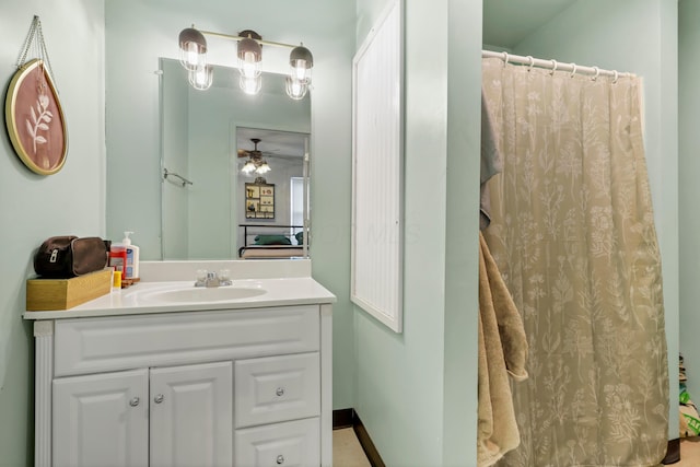 1904 Cedar Hill Rd, Lancaster, OH 43130 - bathroom featuring vanity, a ceiling fan, and a shower with shower curtain