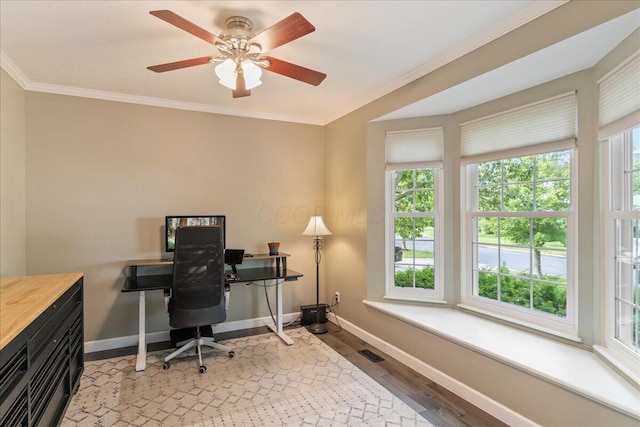 4560 Greyson Dr, Powell, OH 43065 - office featuring baseboards, wood finished floors, ornamental molding, and a ceiling fan