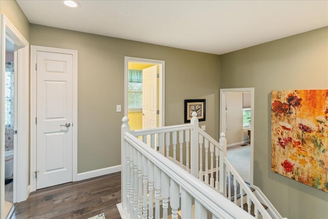 4560 Greyson Dr, Powell, OH 43065 - hall featuring an upstairs landing, recessed lighting, dark wood-style flooring, healthy amount of natural light, and baseboards