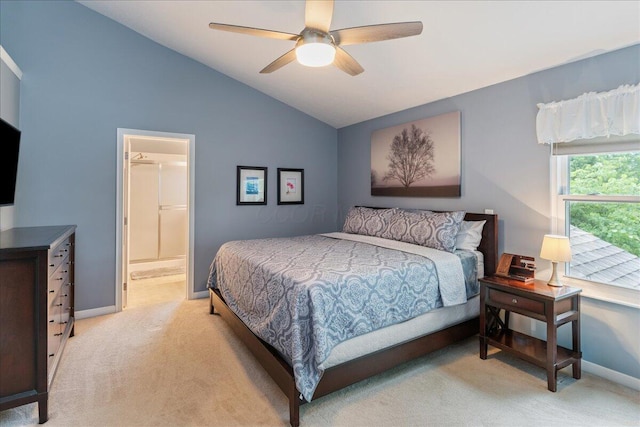 4560 Greyson Dr, Powell, OH 43065 - bedroom with light colored carpet, vaulted ceiling, baseboards, connected bathroom, and a ceiling fan