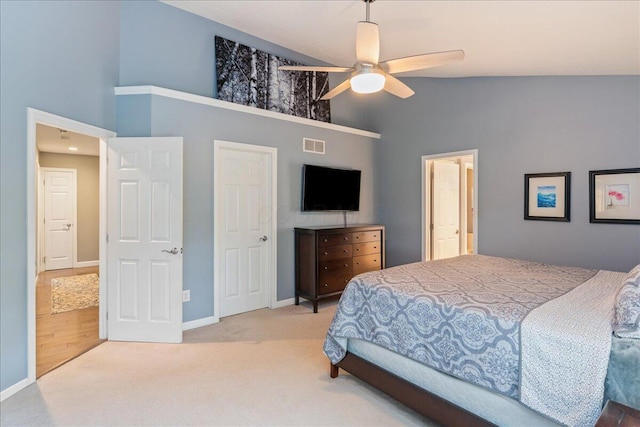 4560 Greyson Dr, Powell, OH 43065 - carpeted bedroom with high vaulted ceiling, baseboards, and a ceiling fan