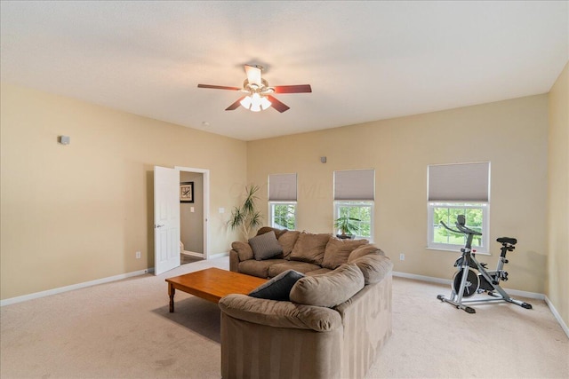 4560 Greyson Dr, Powell, OH 43065 - living room with light colored carpet, a ceiling fan, and baseboards