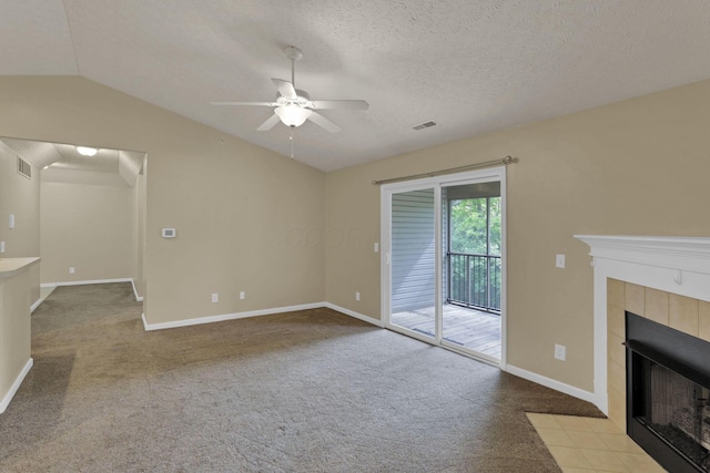 108 Shelbourne Forest Way, Delaware, OH 43015 - unfurnished living room featuring a fireplace, lofted ceiling, ceiling fan, carpet flooring, and baseboards