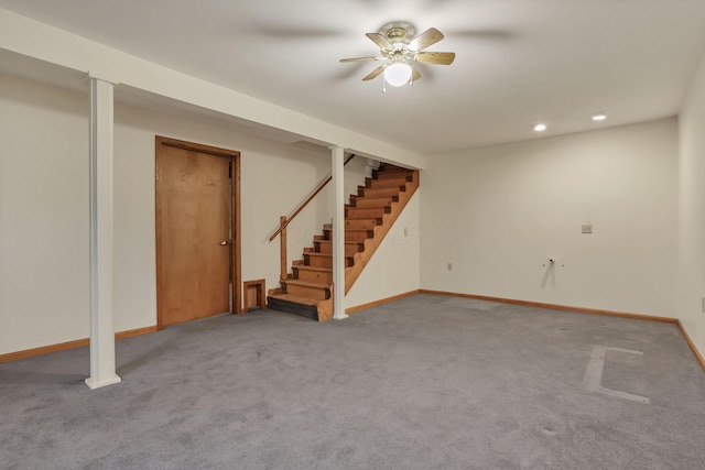 907 Fairfield Ave, Lancaster, OH 43130 - finished below grade area with ceiling fan, stairway, carpet, baseboards, and recessed lighting