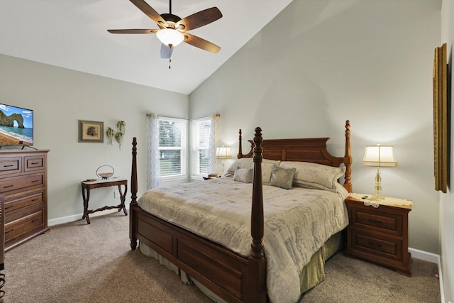 217 Warbler Ct, Pickerington, OH 43147 - carpeted bedroom with baseboards, high vaulted ceiling, and a ceiling fan