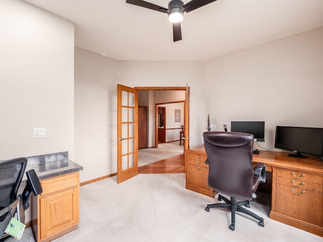 1397 Horseshoe Rd, Delaware, OH 43015 - office space with ceiling fan, light colored carpet, french doors, and baseboards