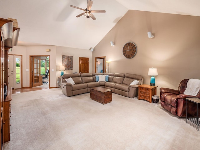1397 Horseshoe Rd, Delaware, OH 43015 - carpeted living area with a ceiling fan and high vaulted ceiling