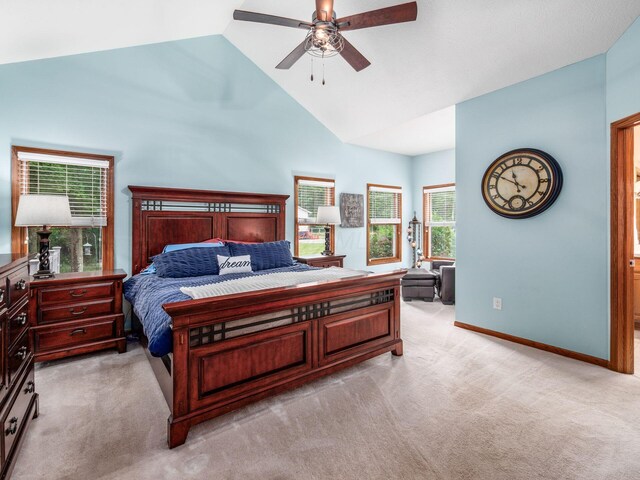 1397 Horseshoe Rd, Delaware, OH 43015 - bedroom with light carpet, baseboards, a ceiling fan, and high vaulted ceiling