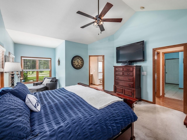1397 Horseshoe Rd, Delaware, OH 43015 - bedroom featuring baseboards, a ceiling fan, carpet flooring, and high vaulted ceiling