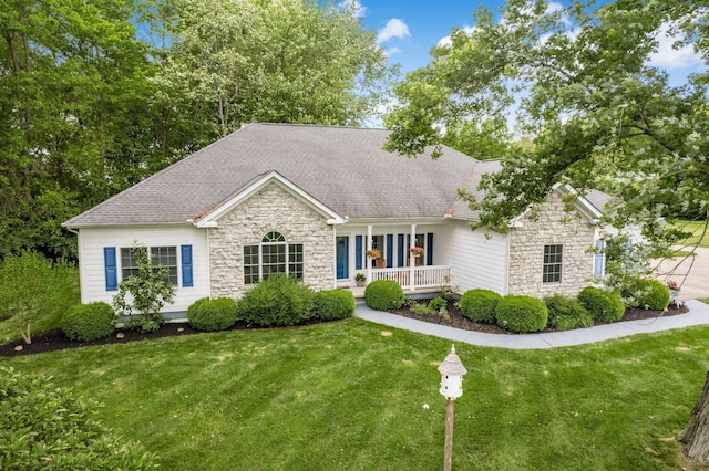 1397 Horseshoe Rd, Delaware, OH 43015 - view of front of house with stone siding, a porch, a front lawn, and roof with shingles