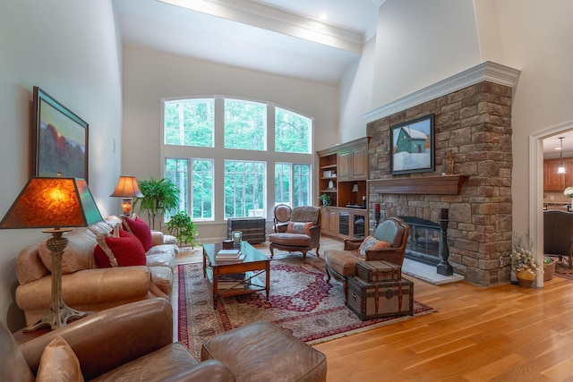 7699 Clear Creek Ct, Blacklick, OH 43004 - living area with wood finished floors, ornamental molding, a fireplace, and a high ceiling