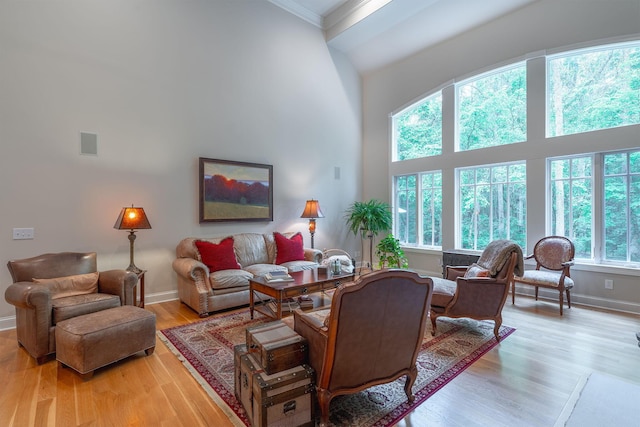 7699 Clear Creek Ct, Blacklick, OH 43004 - living room with crown molding, baseboards, light wood-style flooring, and a high ceiling