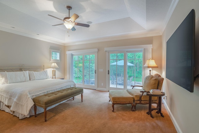 7699 Clear Creek Ct, Blacklick, OH 43004 - bedroom with a tray ceiling, access to outside, light carpet, baseboards, and ornamental molding