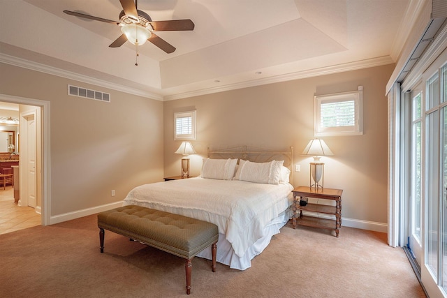 7699 Clear Creek Ct, Blacklick, OH 43004 - bedroom featuring a tray ceiling, light carpet, baseboards, crown molding, and a ceiling fan