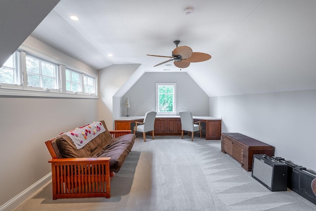 7699 Clear Creek Ct, Blacklick, OH 43004 - sitting room featuring lofted ceiling, ceiling fan, light carpet, recessed lighting, and a desk