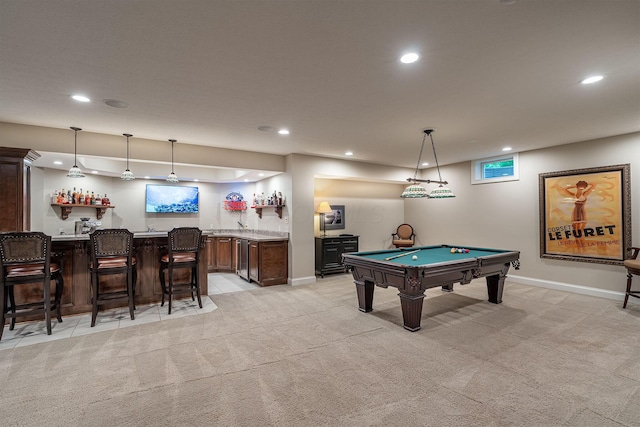 7699 Clear Creek Ct, Blacklick, OH 43004 - recreation room with wet bar, recessed lighting, light carpet, billiards, and baseboards