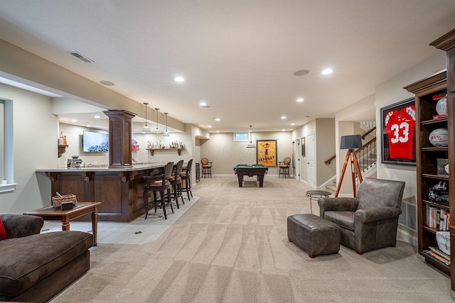 7699 Clear Creek Ct, Blacklick, OH 43004 - game room featuring bar with sink, light carpet, pool table, recessed lighting, and baseboards